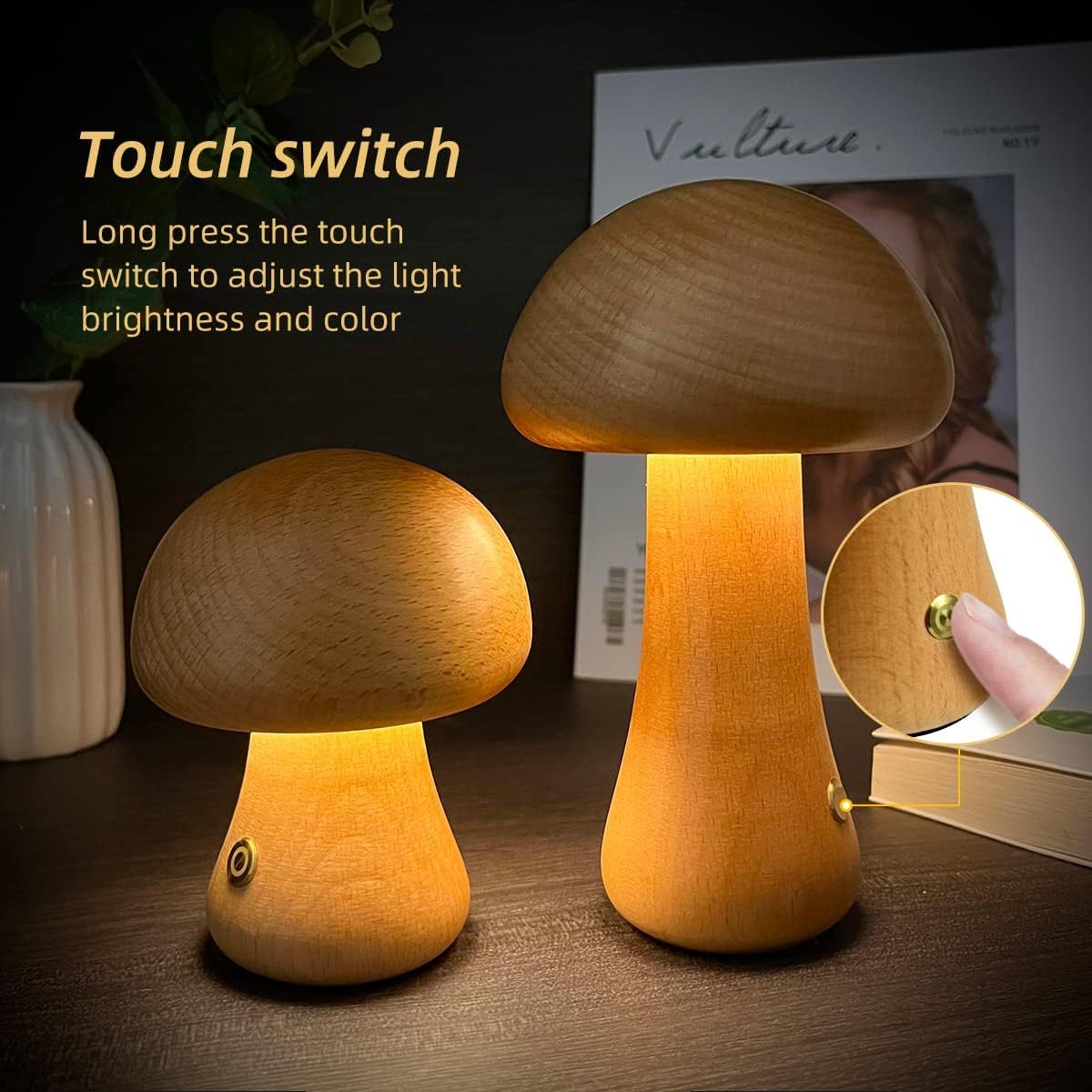 Wooden Mushroom LED Lamp – Touch Control Rechargeable Night Light for Bedroom, Living Room, or Kids Room
