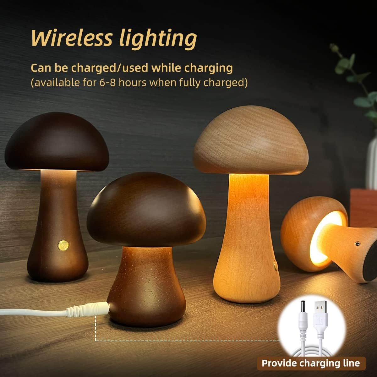 Wooden Mushroom LED Lamp – Touch Control Rechargeable Night Light for Bedroom, Living Room, or Kids Room