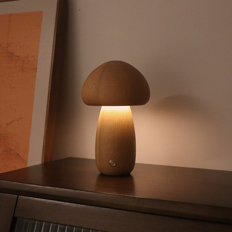 Wooden Mushroom LED Lamp – Touch Control Rechargeable Night Light for Bedroom, Living Room, or Kids Room