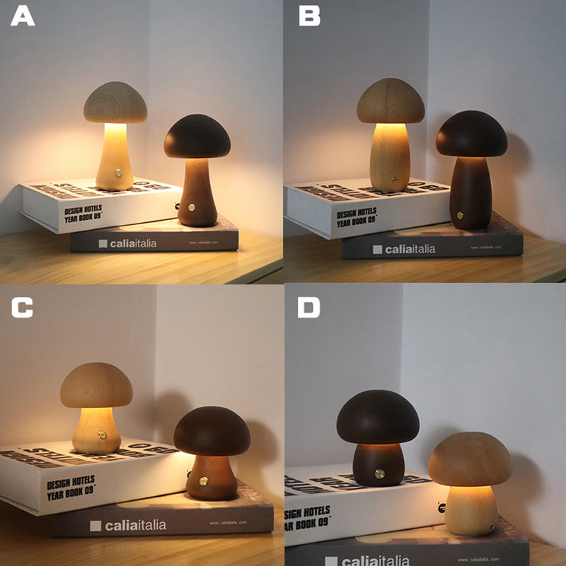 Wooden Mushroom LED Lamp – Touch Control Rechargeable Night Light for Bedroom, Living Room, or Kids Room