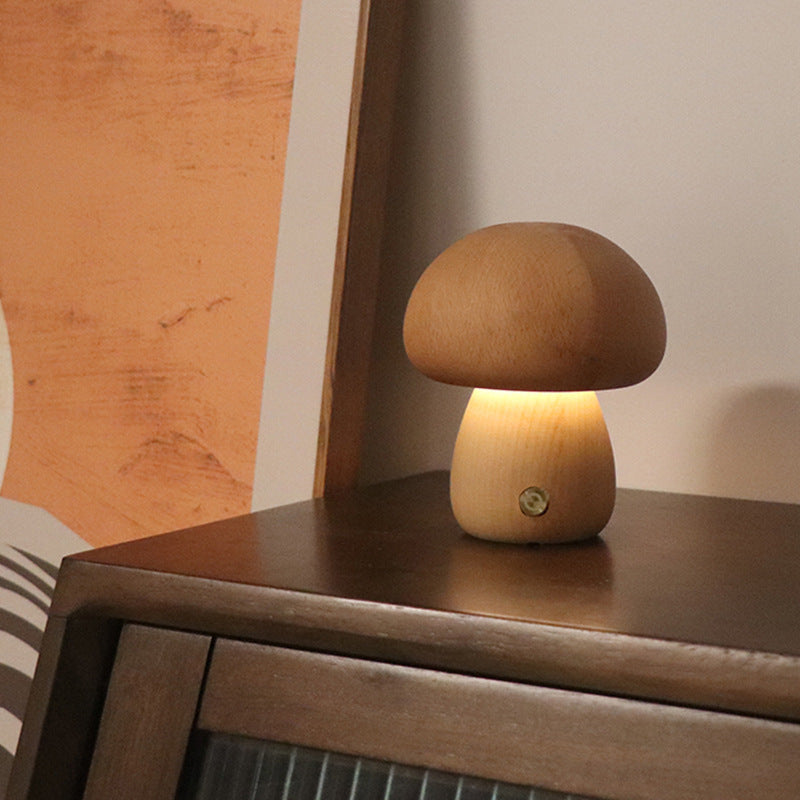 Wooden Mushroom LED Lamp – Touch Control Rechargeable Night Light for Bedroom, Living Room, or Kids Room