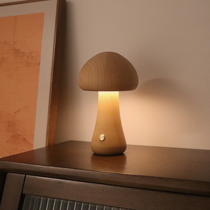 Wooden Mushroom LED Lamp – Touch Control Rechargeable Night Light for Bedroom, Living Room, or Kids Room