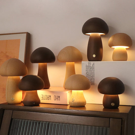 Wooden Mushroom LED Lamp – Touch Control Rechargeable Night Light for Bedroom, Living Room, or Kids Room