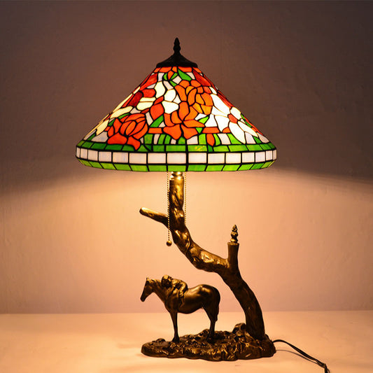 European Vintage Tiffany Table Lamp – Handcrafted Stained Glass with Antique Bronze Base